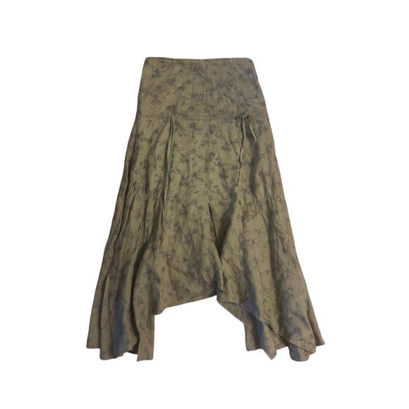 Women 40 La Fee Maraboutee 100% Linen Embroidered Floral Green Skirt Lagenlook - Picture 5 of 6